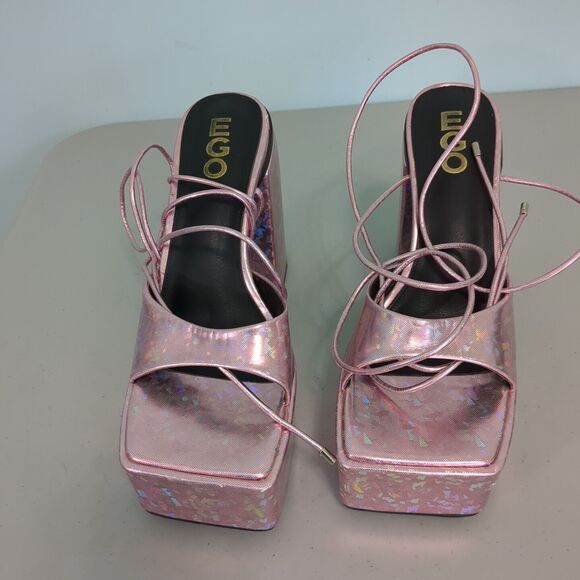 Ego Declan chunky platform heel sandals pink metallic us 10 uk 8 lace up - Picture 1 of 5